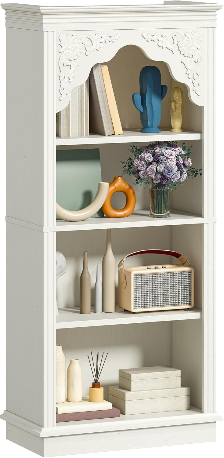 4-Tier White Upright Bookcase with Carved Design | Adjustable Shelves 140cm