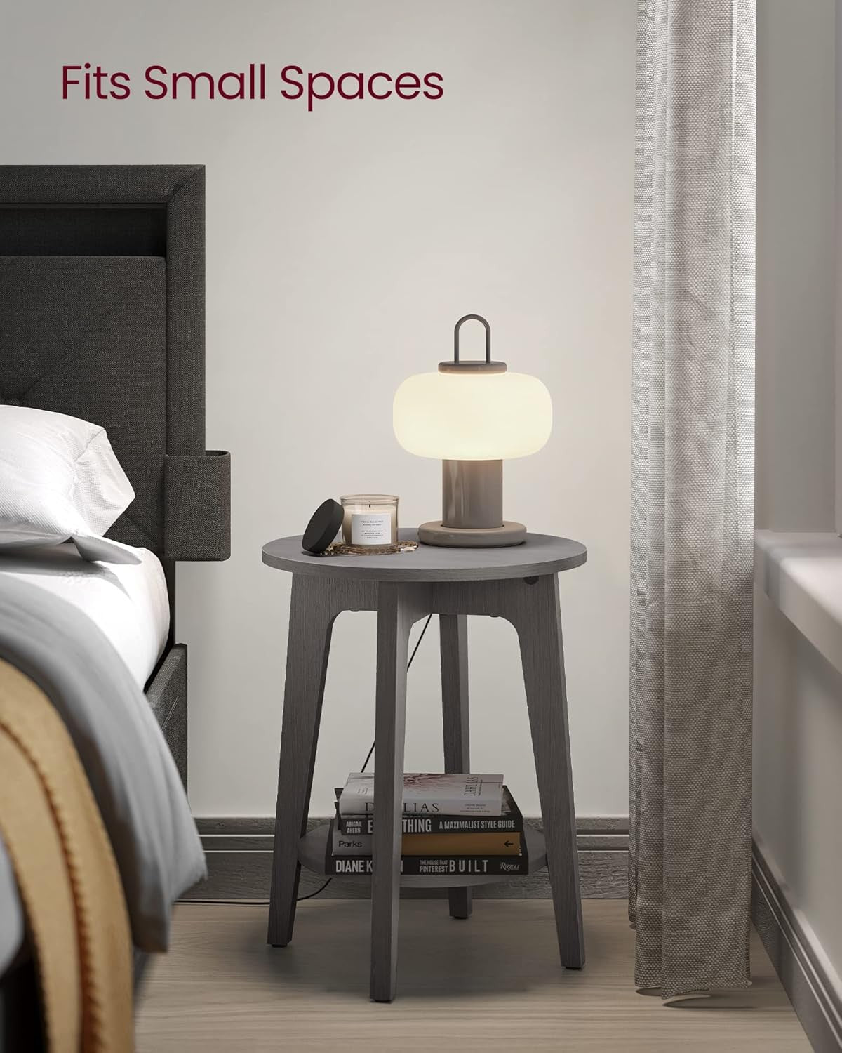 Smoky Grey Round Side Table with Lower Shelf, Modern Small End Table