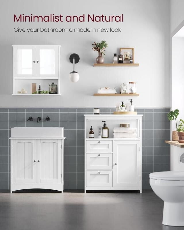 White Bathroom Storage Cabinet 3 Drawer 1 Door – Adjustable Shelf Cupboard