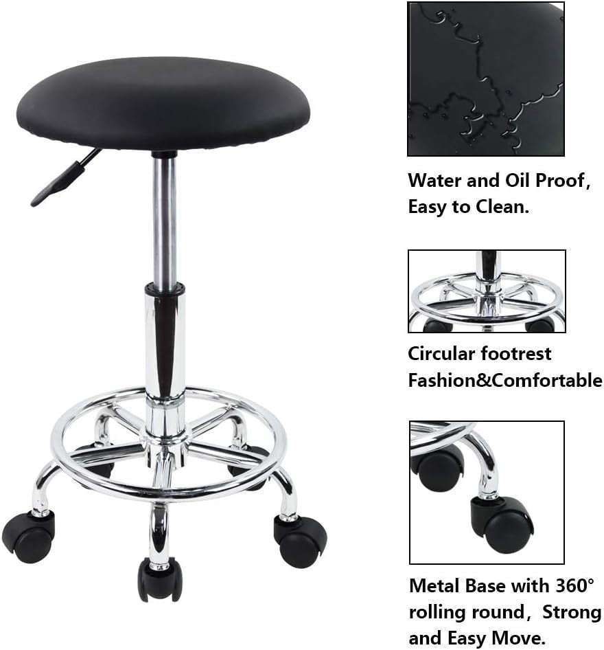 Adjustable Swivel Stool Chair with Wheels, PU Leather Seat, Height Lift
