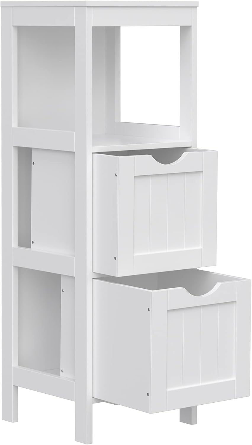 Tall White Bathroom Storage Cabinet – 2 Drawers + Open Shelf Modern Slim Unit