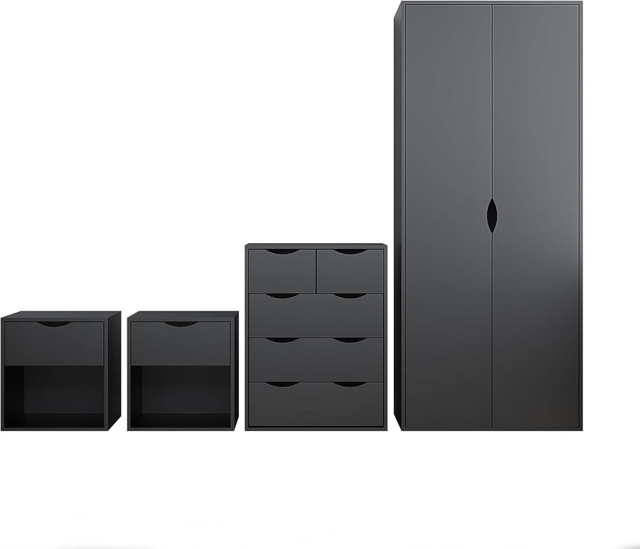 4pc Bedroom Furniture Set Wardrobe Chest Bedside Cabinet Black Matt on Black