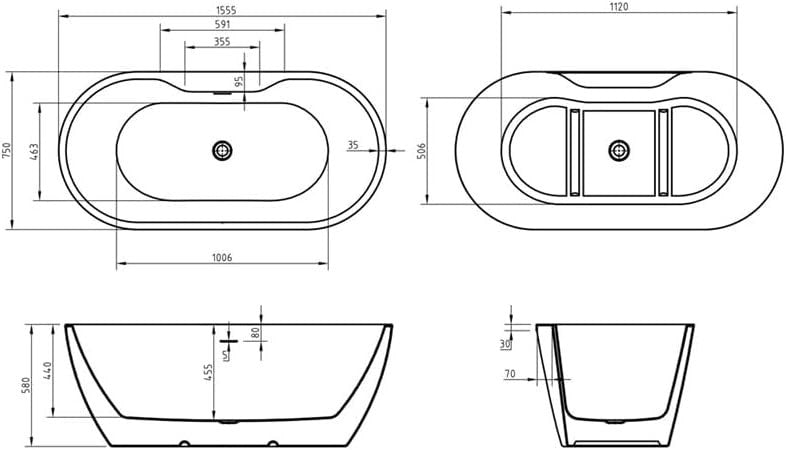 1555x750mm Oval Double Ended Acrylic Bath White Freestanding Soaking Tub