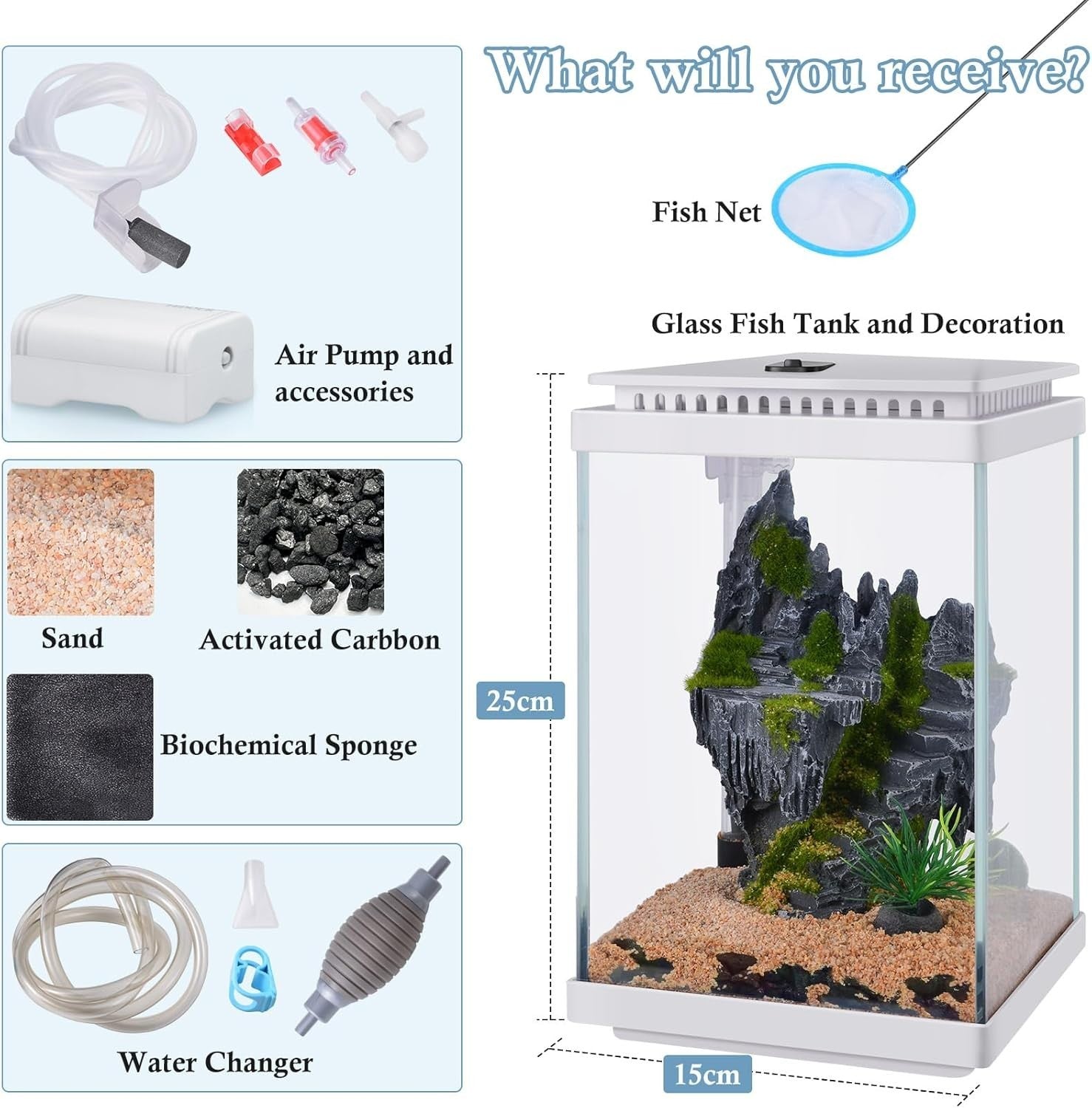 4L Mini Glass Fish Tank Starter Kit with LED Light, Air Pump & Accessories