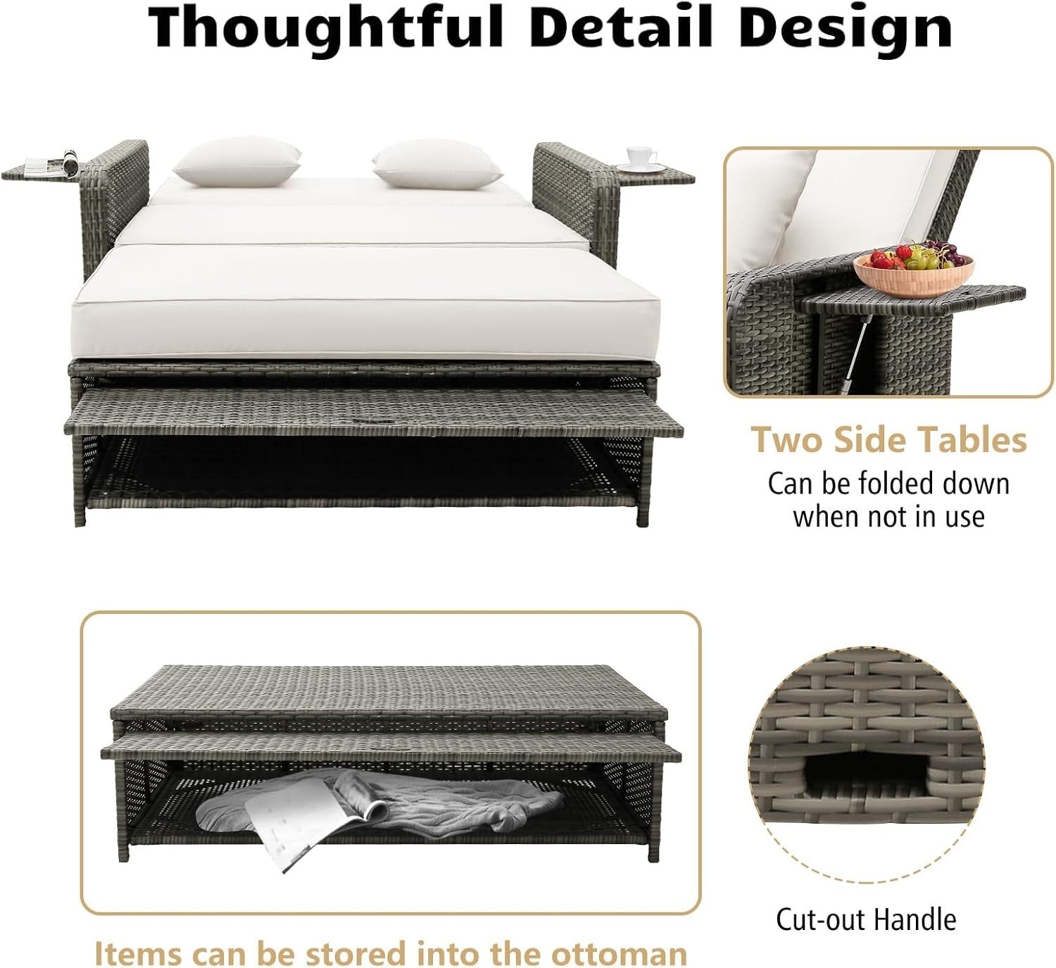 White+Grey 2-Seater Rattan Daybed Outdoor with Adjustable Back & Ottoman