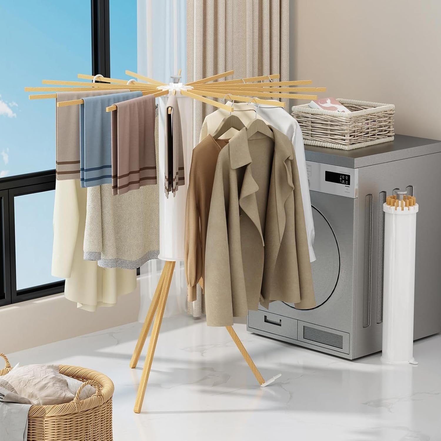 Wooden Clothes Airer Tripod Folding Laundry Drying Rack Portable