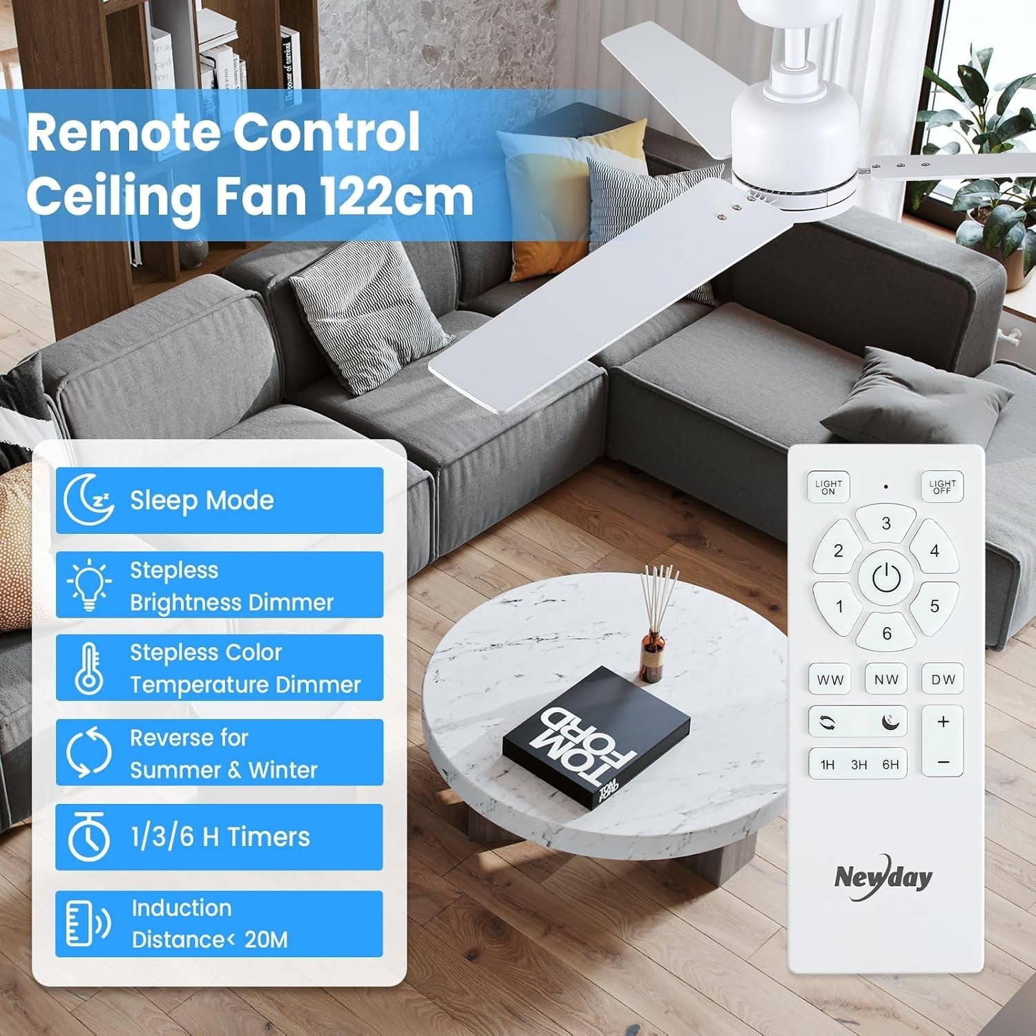 48" White-Wood Ceiling Fan Light, 6 Speeds, Remote Control, Dimmable