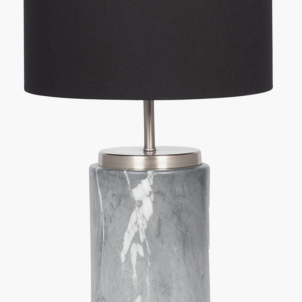 Tall Grey Marble Ceramic Table Lamp with Gold Detail & Black Drum Shade