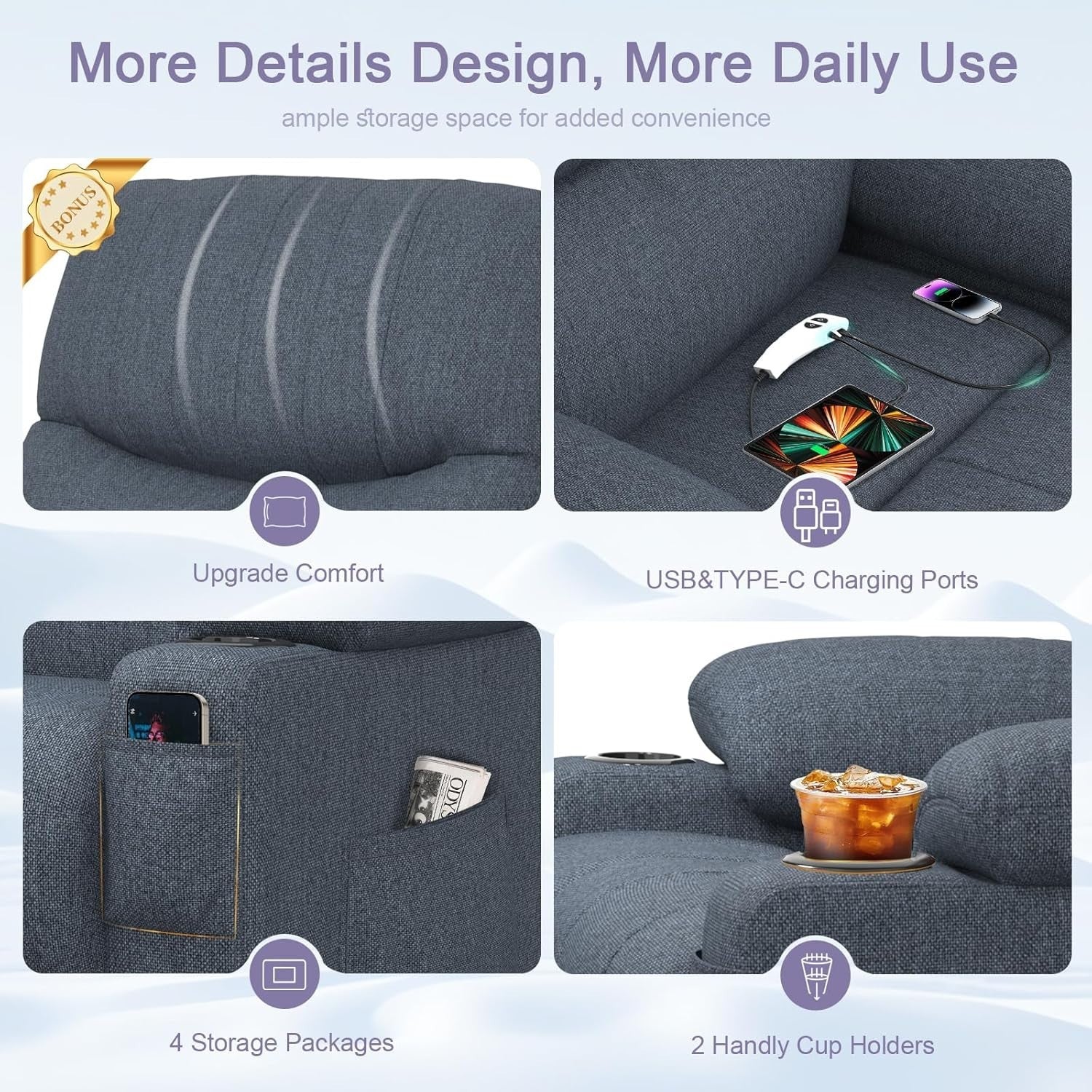 Electric Lift Recliner Chair Oversized Massage Heat USB Type-C Dark Blue Sofa