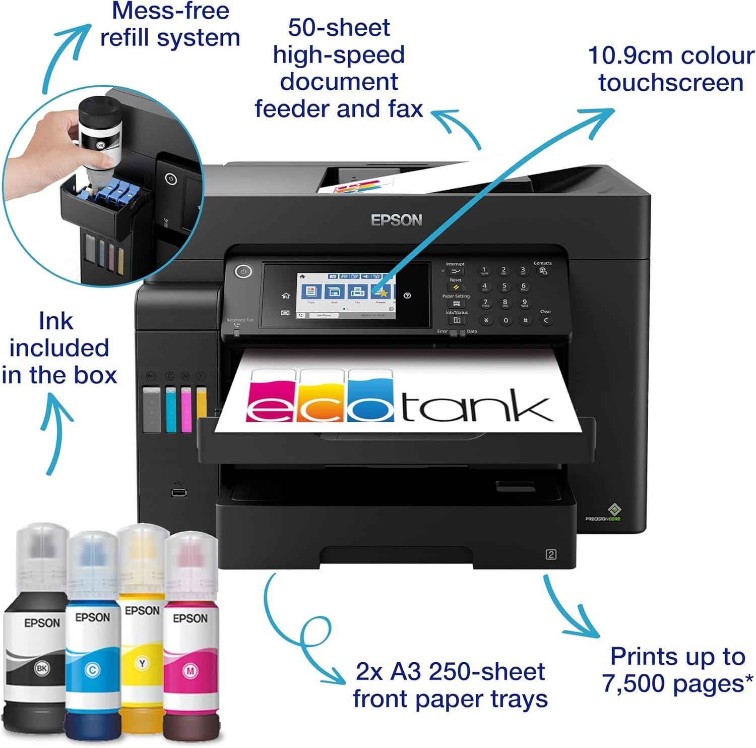 A3+ Black Multifunction Wi-Fi Ink Tank Printer Fax Scan Copy Auto Duplex
