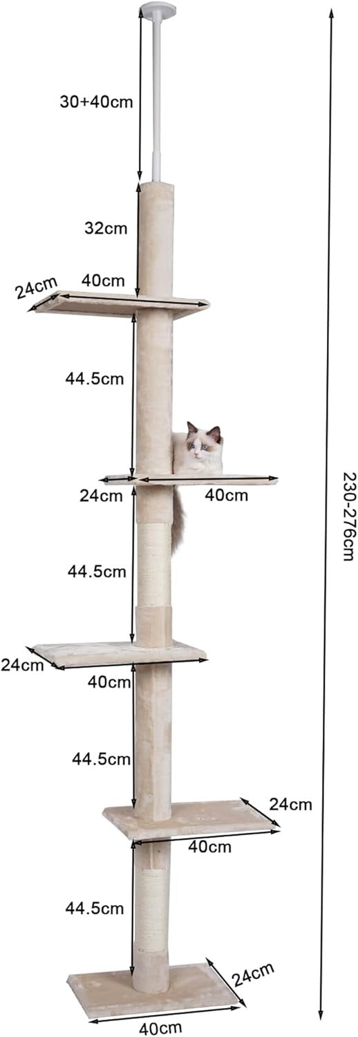 Floor to Ceiling Cat Tree Tower Adjustable 230–276cm 4 Level Sisal Scratching Po