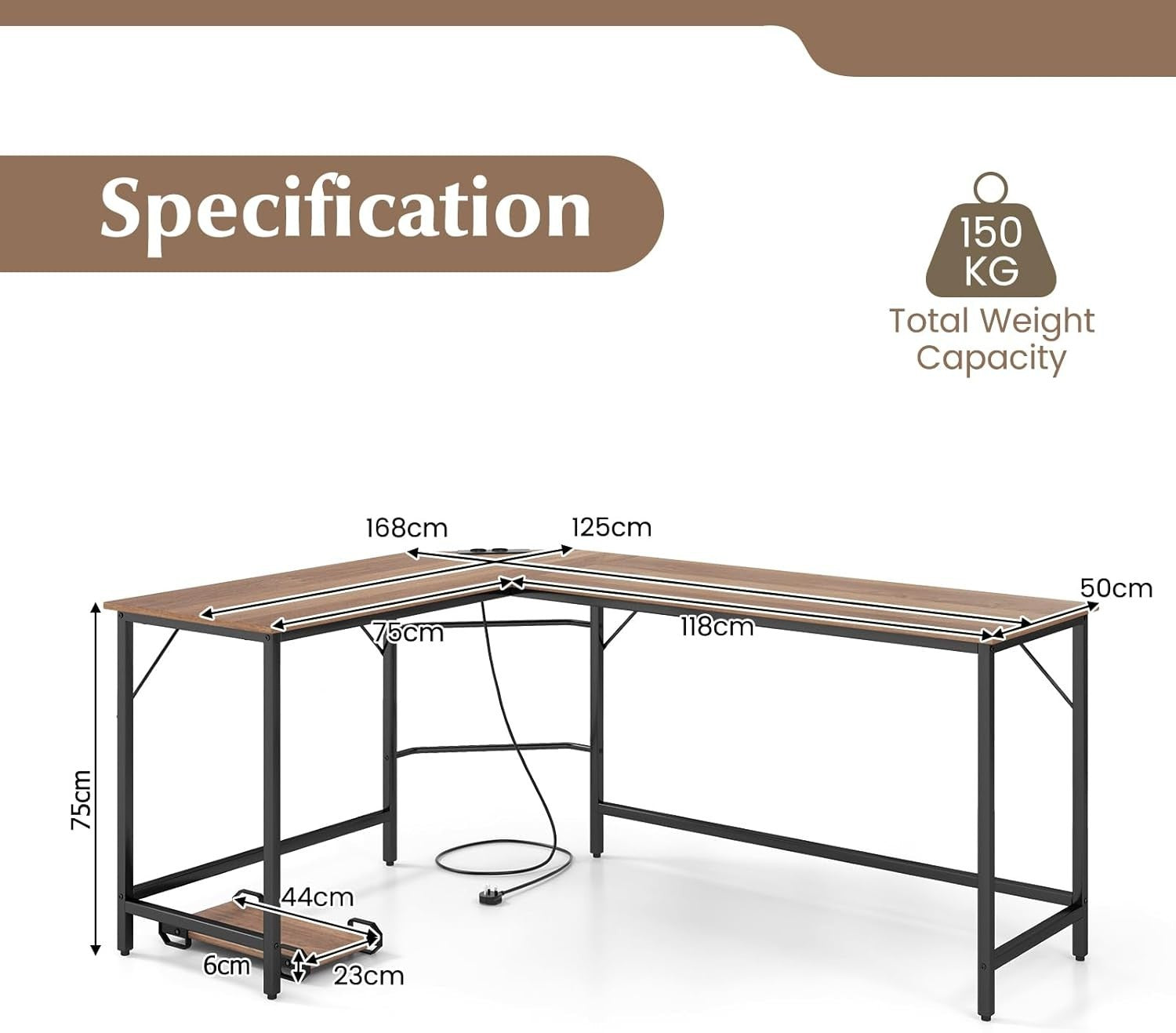 Natural L-Shaped Desk 168cm Corner Computer Table with CPU Stand Office