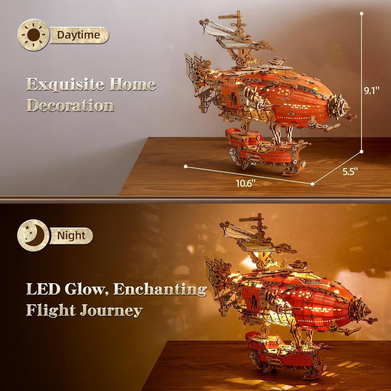3D Wooden Steampunk Airship Puzzle Kit with LED Lights DIY Gift Model
