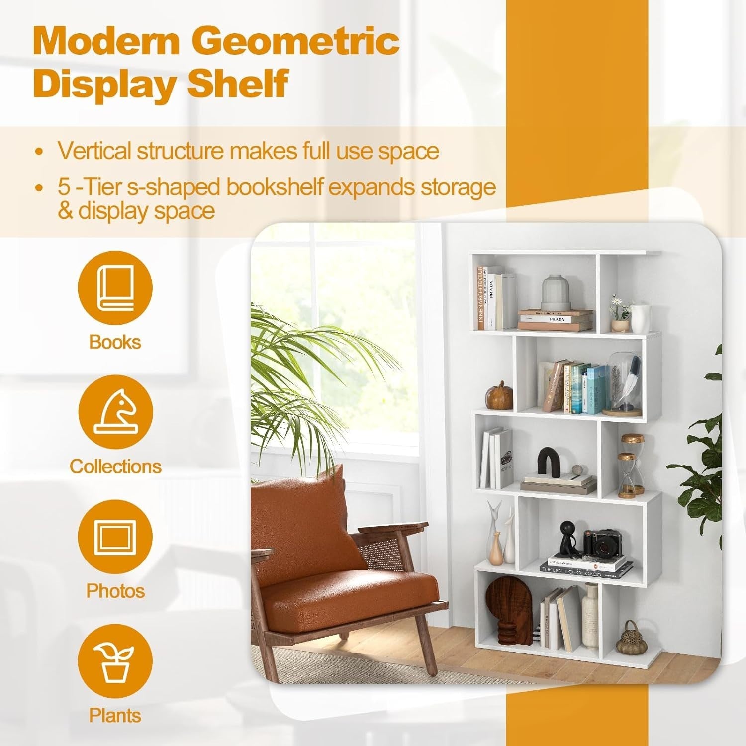 S Shaped 5 Tier Wooden Bookcase Freestanding Display Storage Shelf White