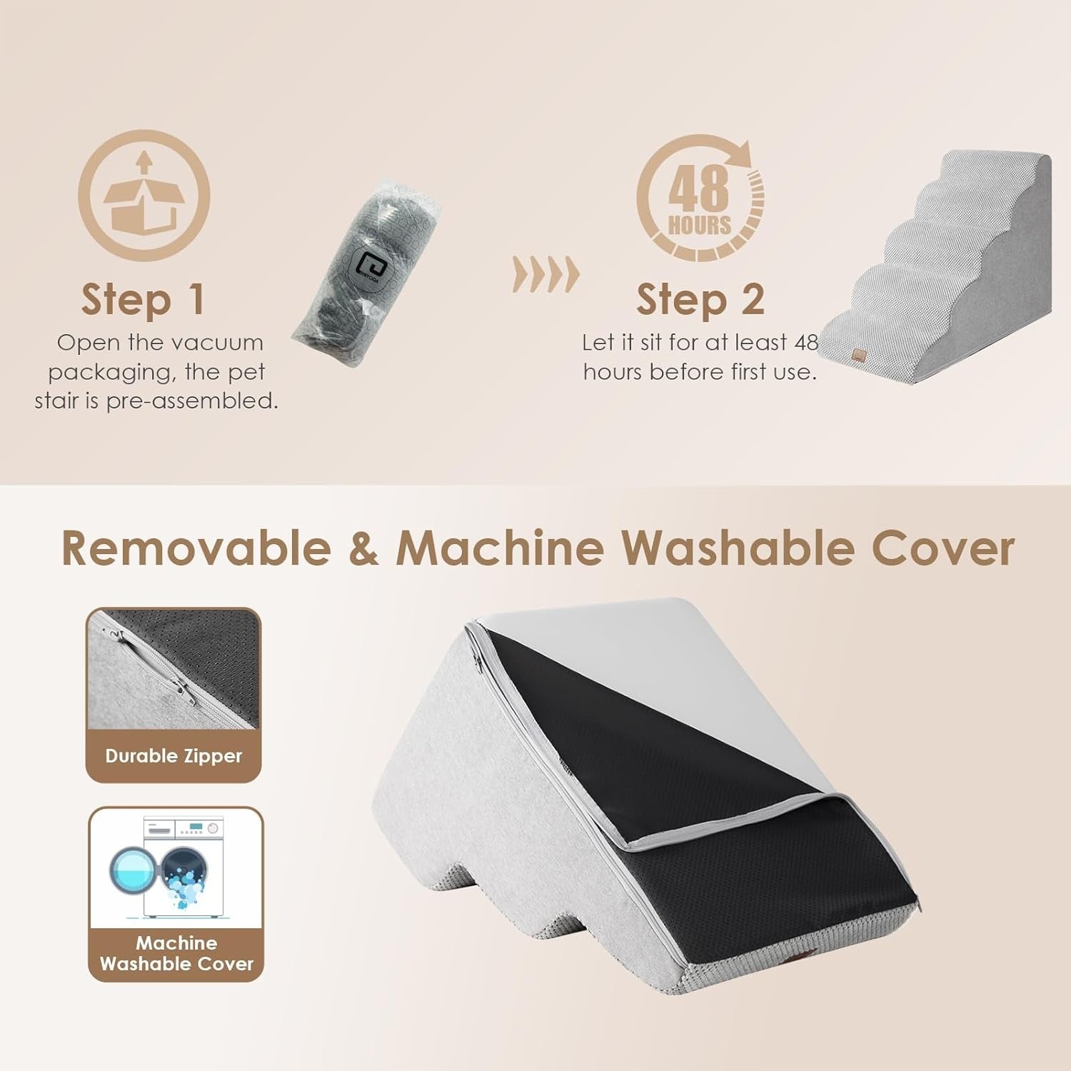 5 Step Dog Stairs for High Bed Non Slip Foam Pet Steps Washable