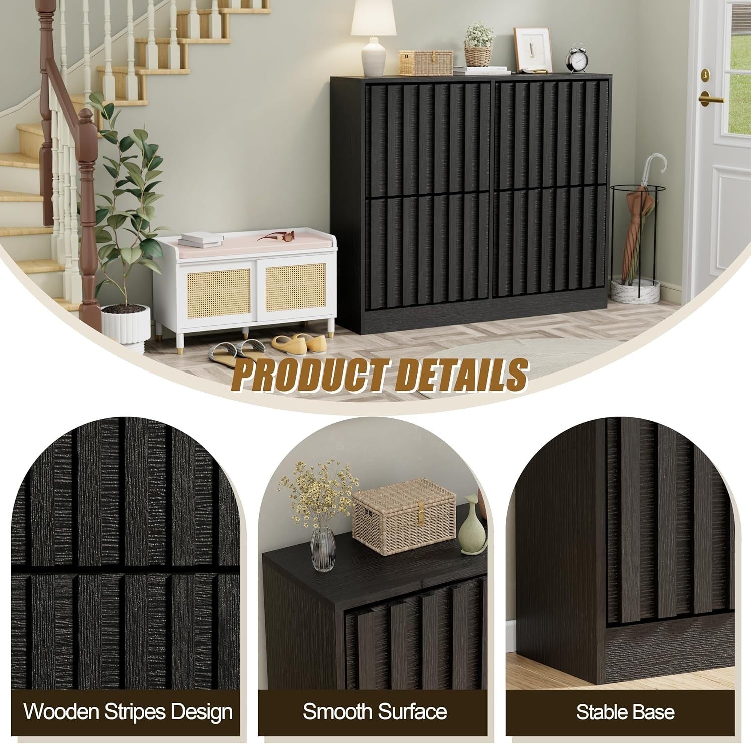 Black Wide Shoe Cabinet 4 Flip Drawers Ventilated Storage Holds 20 Pairs