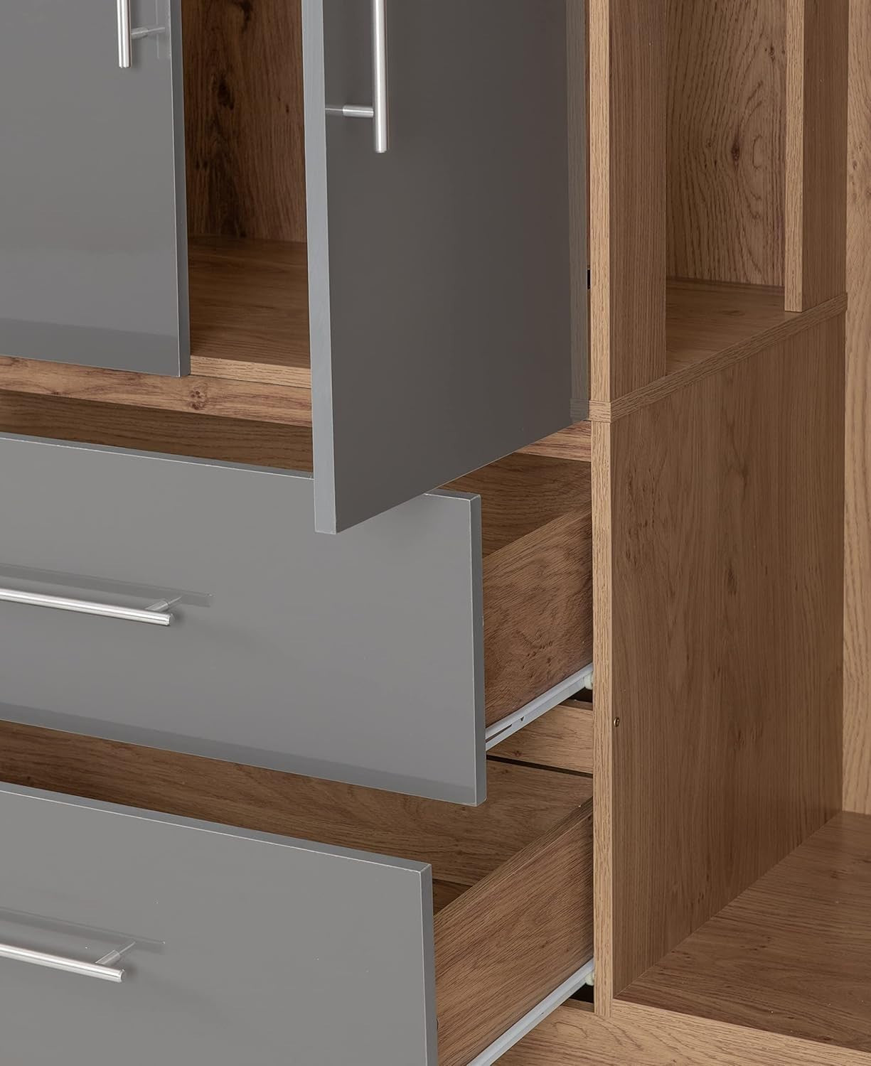 Grey Gloss 4 Door Wardrobe with 2 Drawers & Oak Frame – Spacious Storage