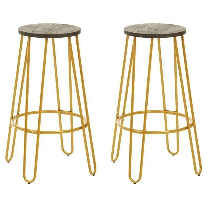 3Pc Gold Bar Table & Stool Set – Hairpin Legs, Elm Top, Modern Design