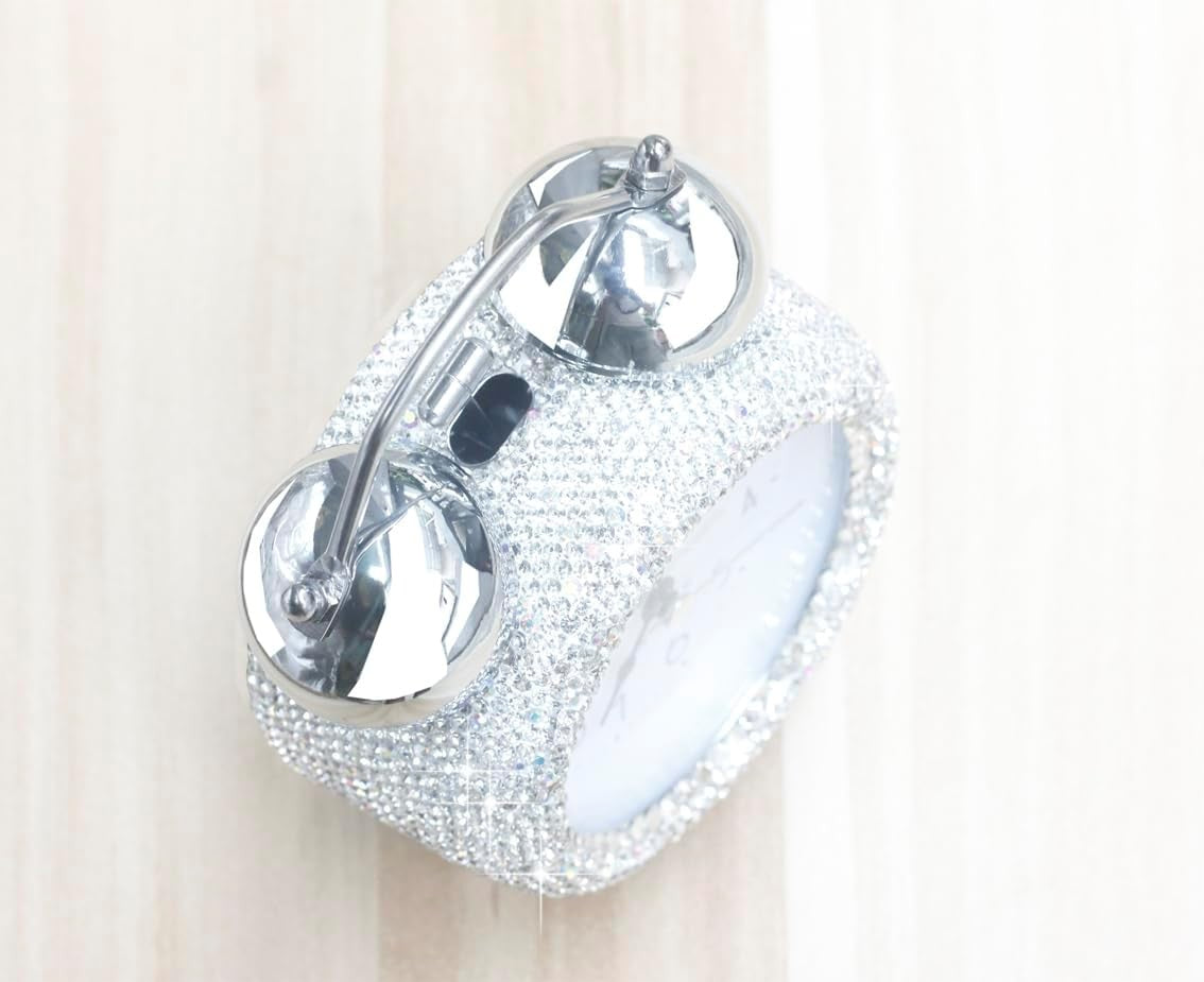 Luxury Rhinestone Alarm Clock Silent Non Ticking Extra Loud Twin Bell