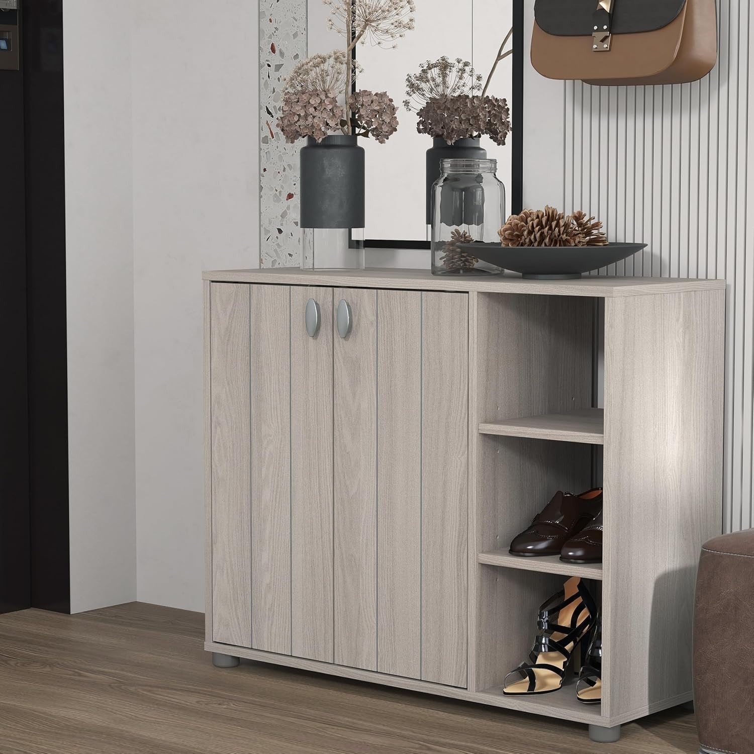 Warm Grey Oak 2-Door Shoe Cabinet 12-Pair Storage 79.6x35.3x64.6cm