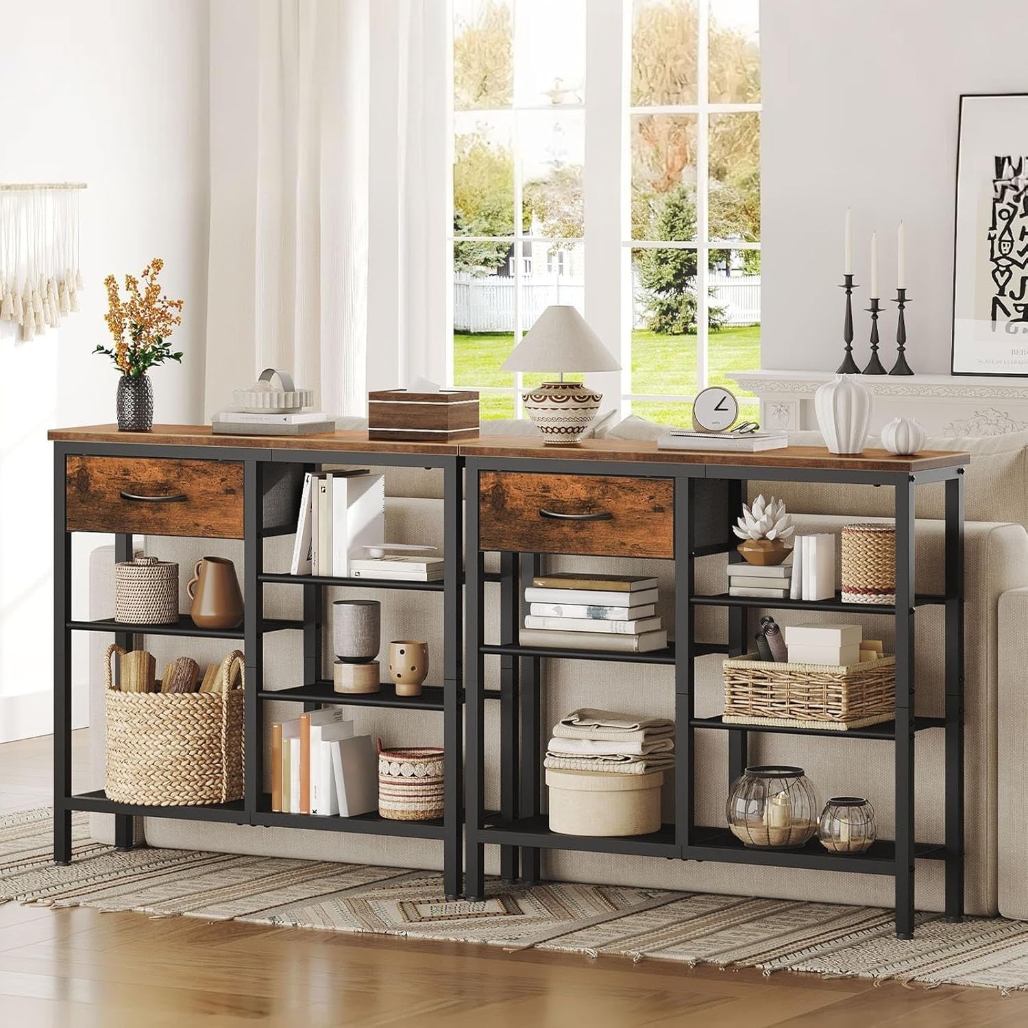Slim 5-Tier Console Table with Drawer & Storage Shelves, Rustic Industrial