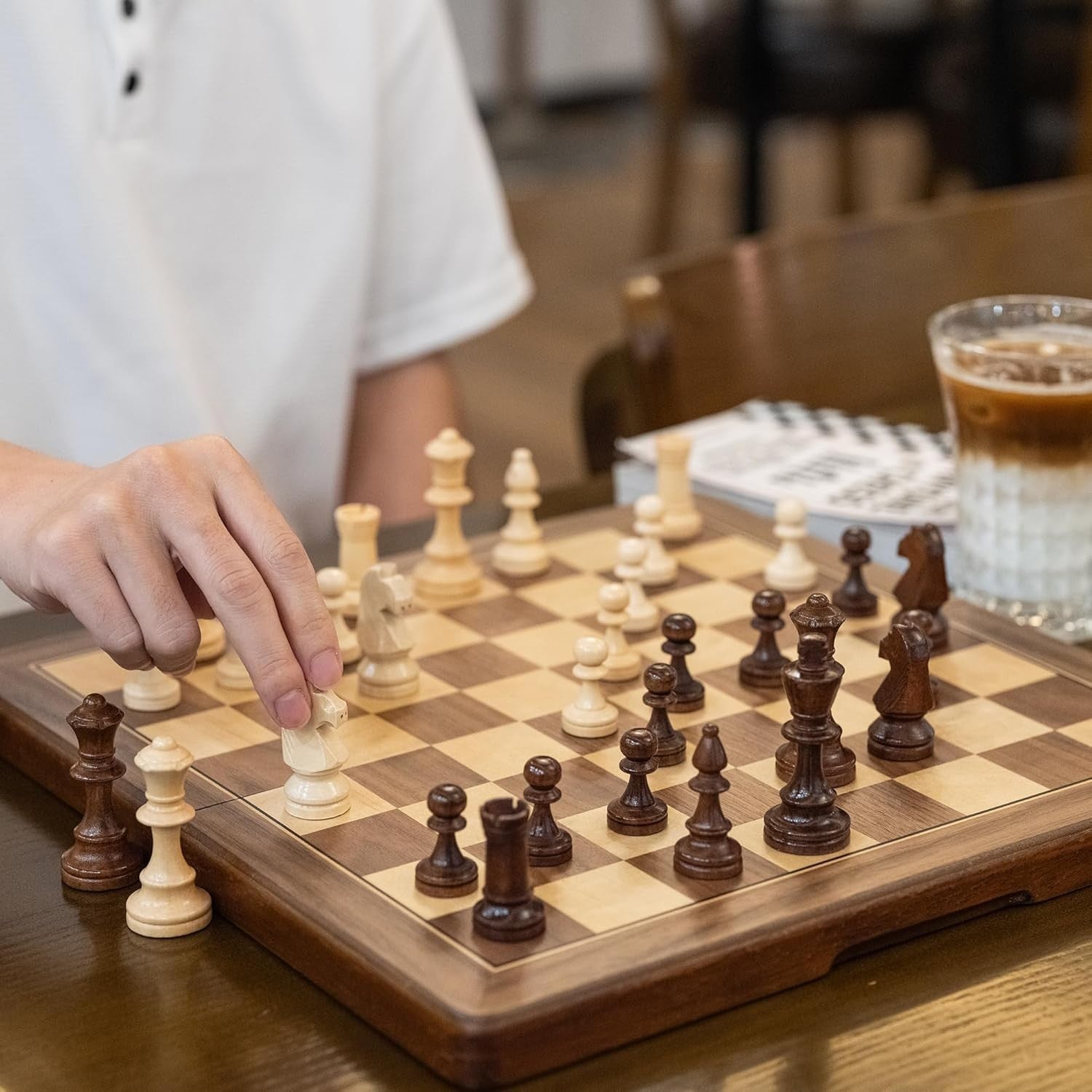 15" Magnetic Wooden Chess Set Foldable Travel Board 3" Pieces + Storage