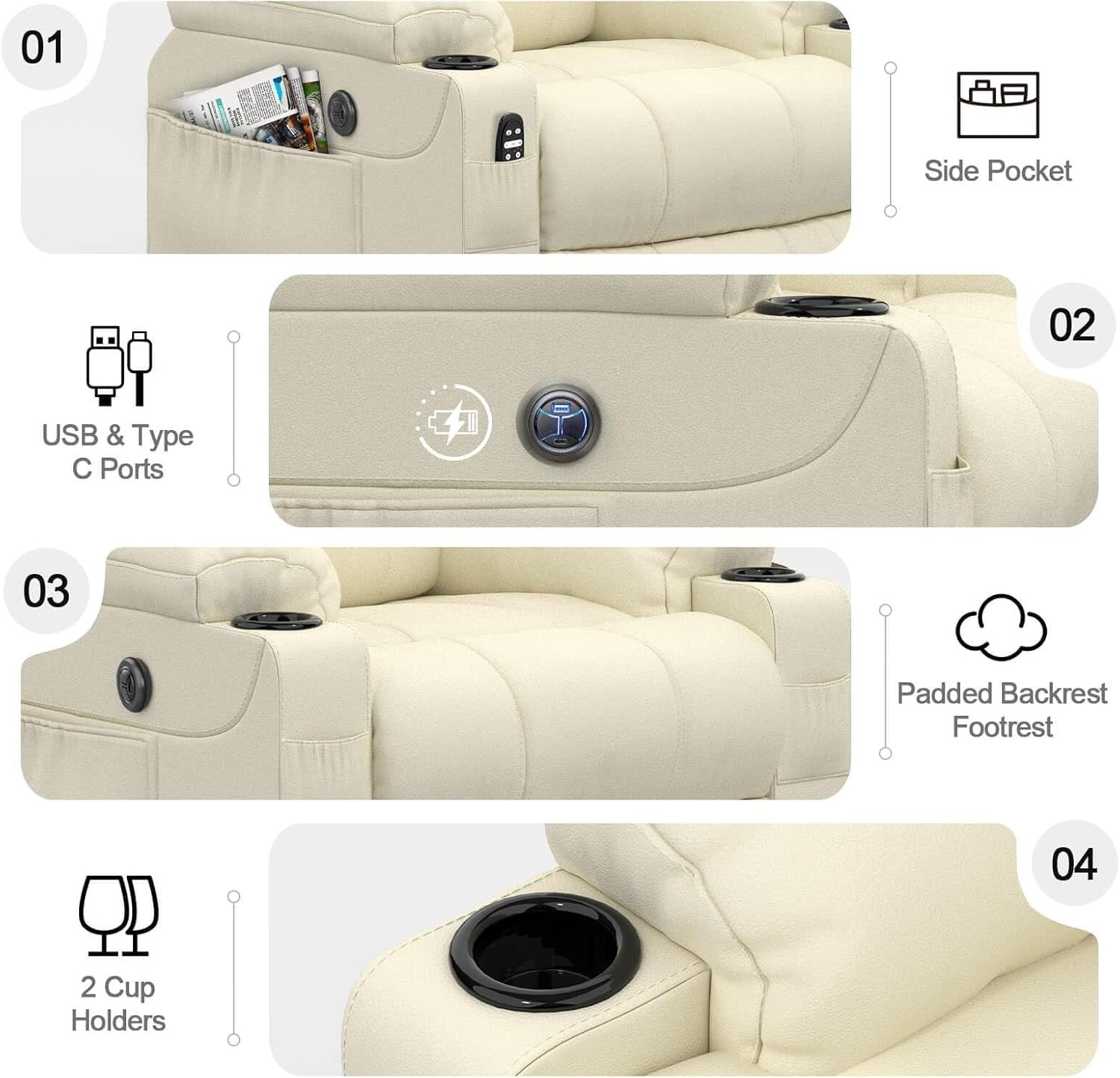 Power Lift Recliner Chair Massage Heat USB Type-C Faux Leather Beige Cup Holders