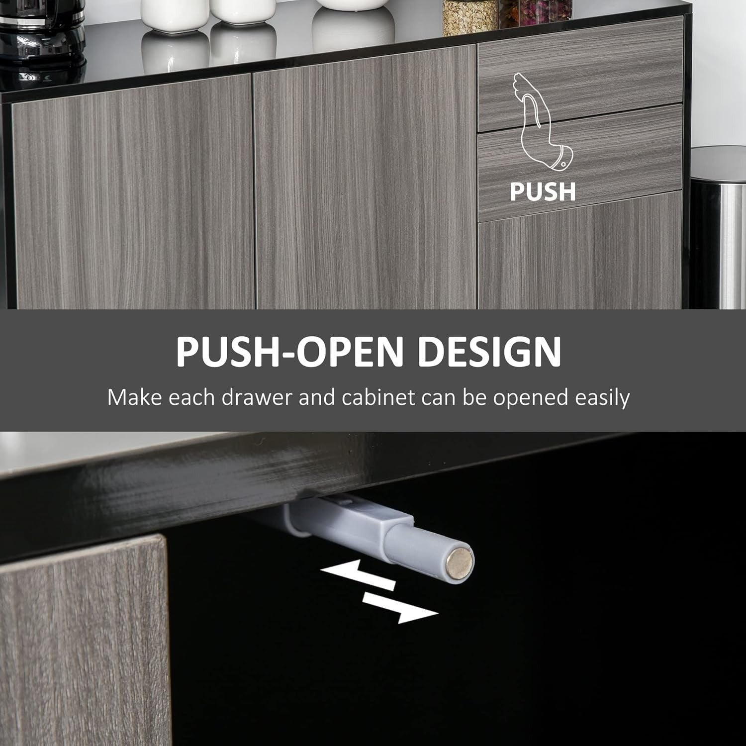 Modern High Gloss Sideboard Cabinet with 2 Drawers & Push-Open Doors Grey