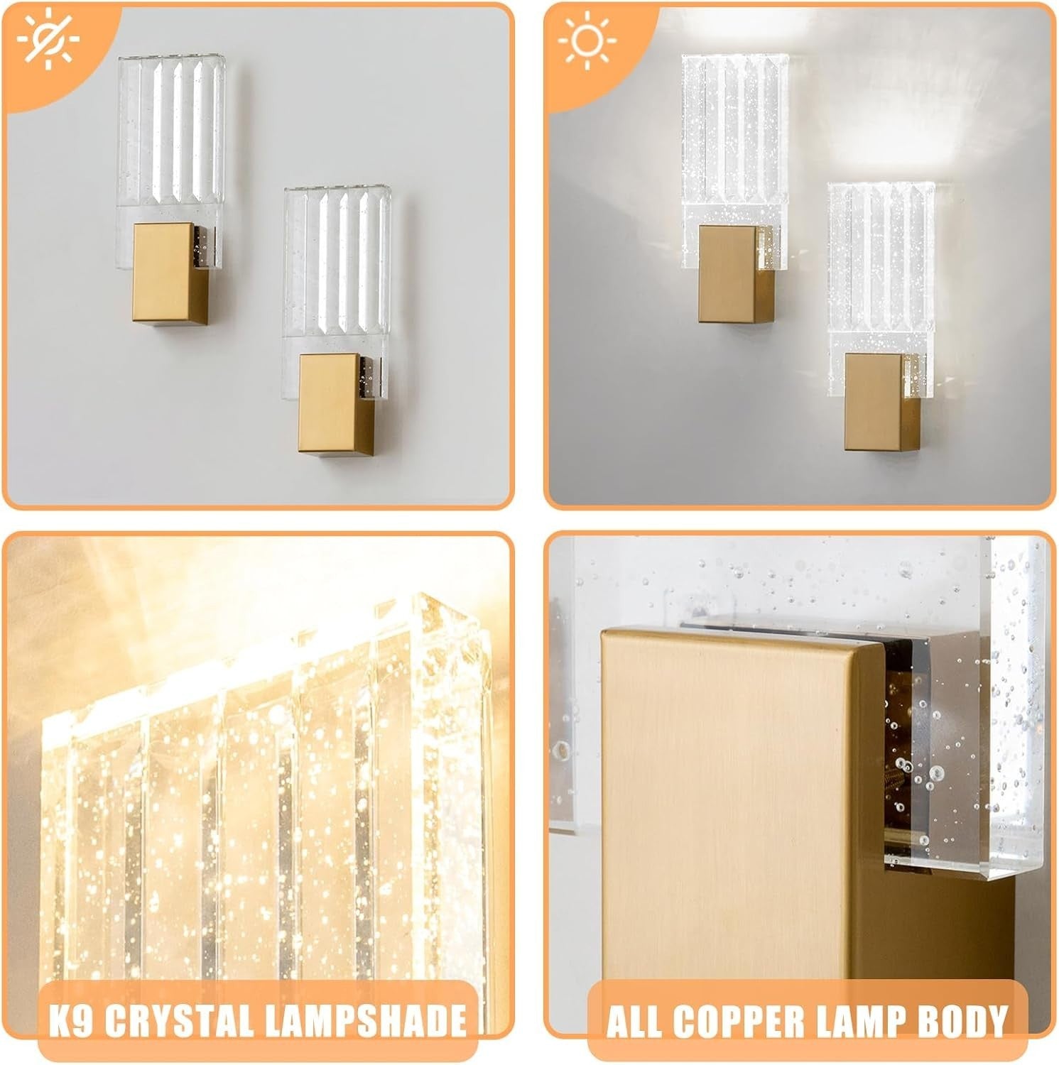 Gold Crystal LED Wall Lights 2-Pack | Modern 3-Color Sconces for Hallway