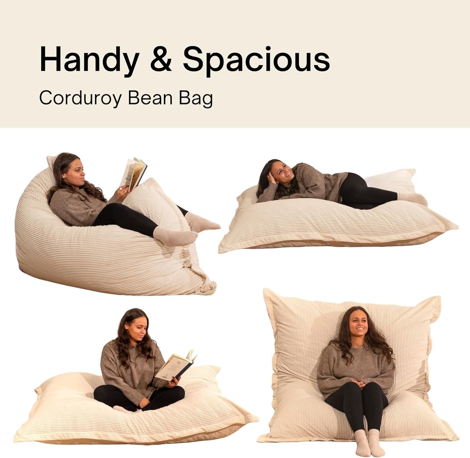 XXL Foam Bean Bag Off-white Sofa for Adults & Kids Corduroy Floor Seat 180x140cm