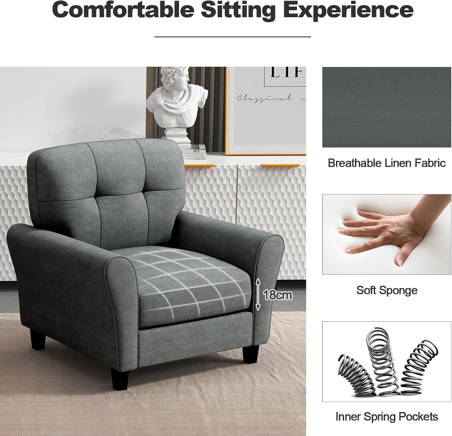 Grey Accent Armchair Tufted Fabric Lounge Chair Thick Cushion