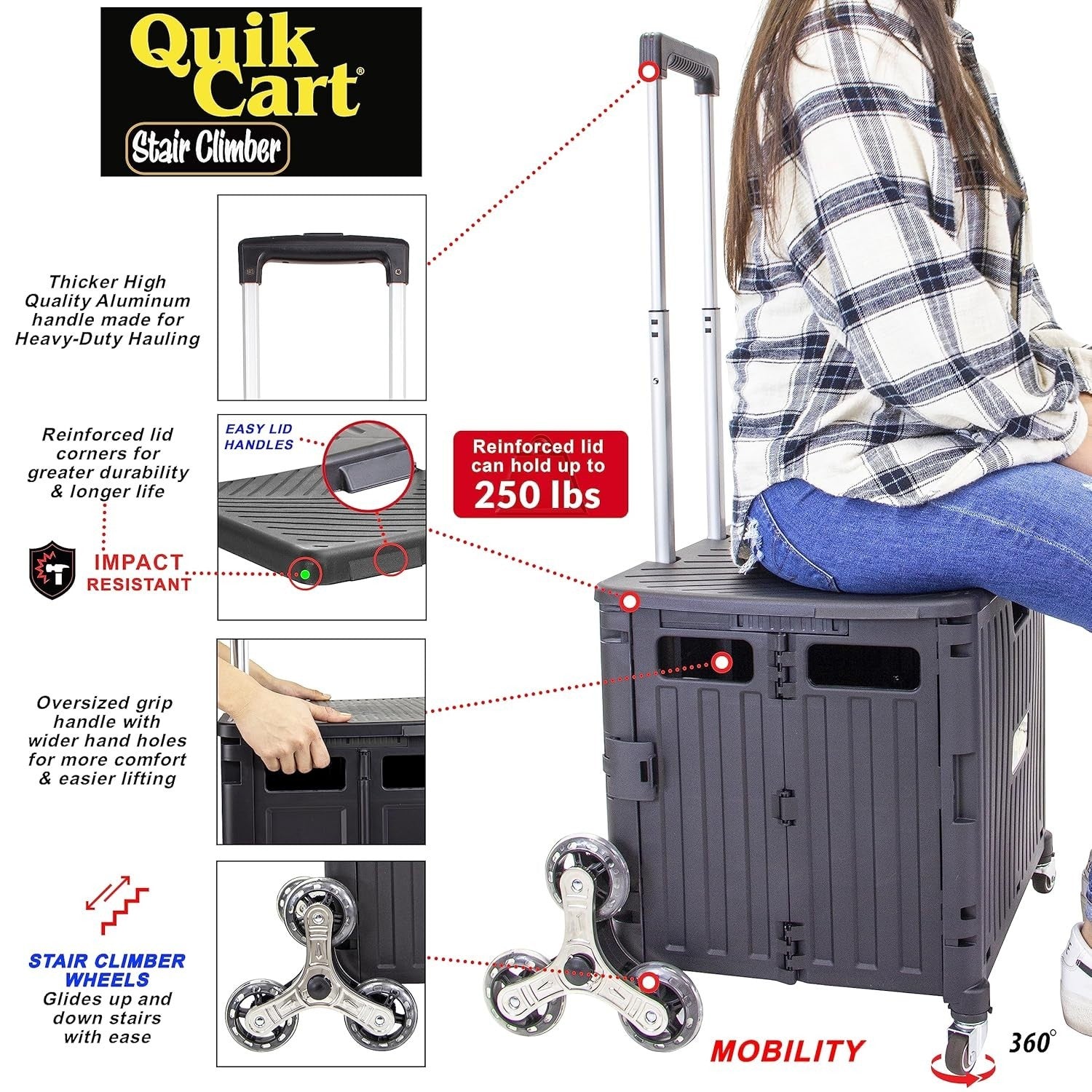 Quik Cart Stair Climber Rolling Crate with Seat – Foldable Utility Cart