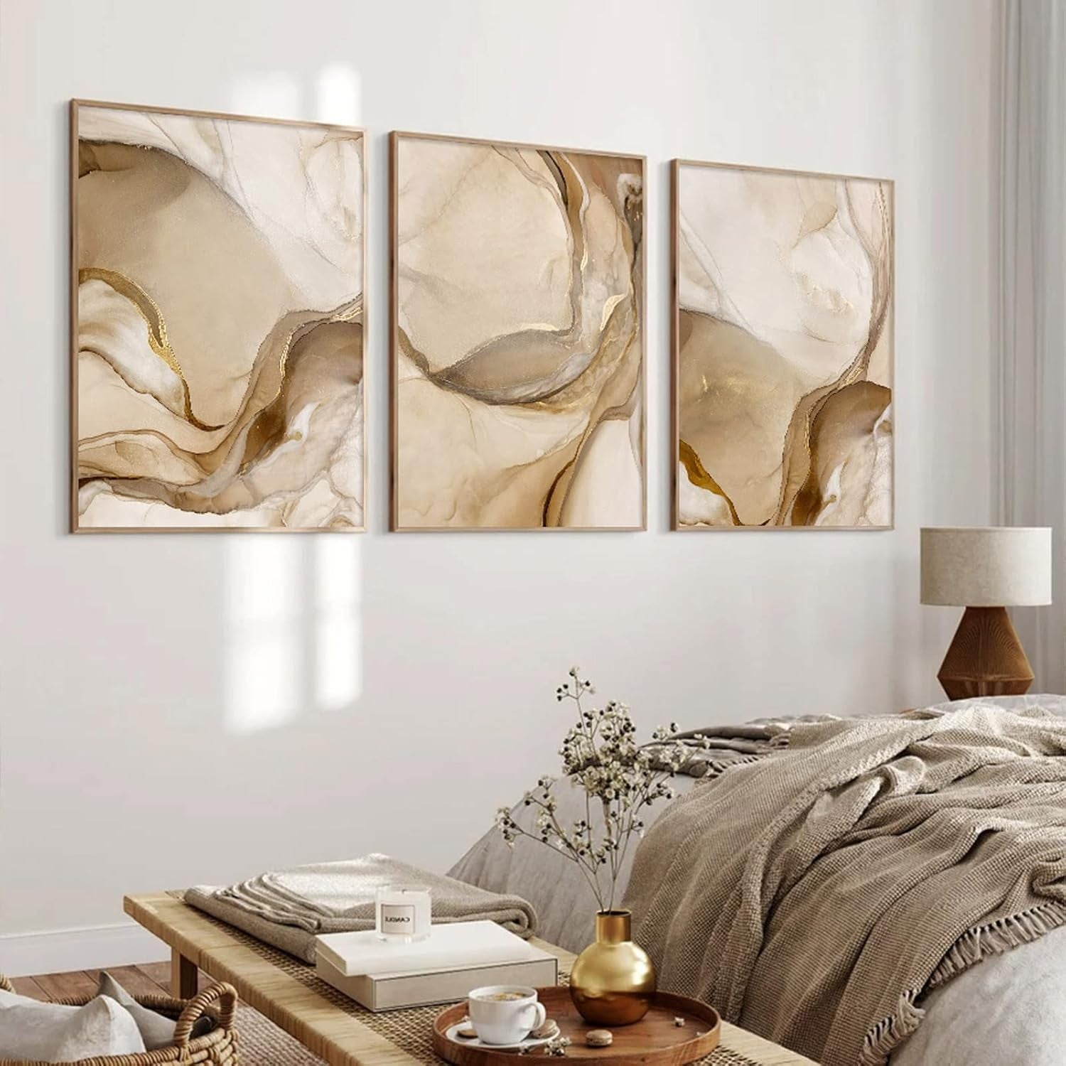 Brown Gold Marble Wall Art Set 16x24in Abstract Canvas