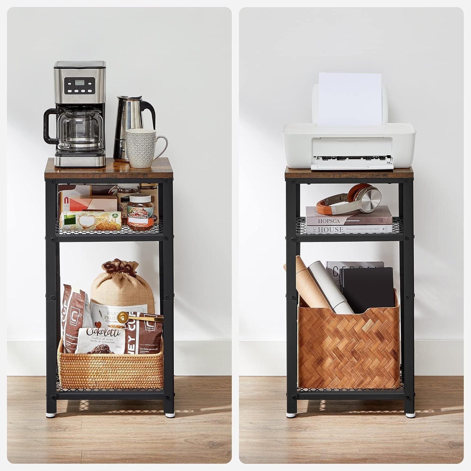 Tall Rustic Side Table with 2 Mesh Shelves, Industrial Bedside or Sofa End Stand