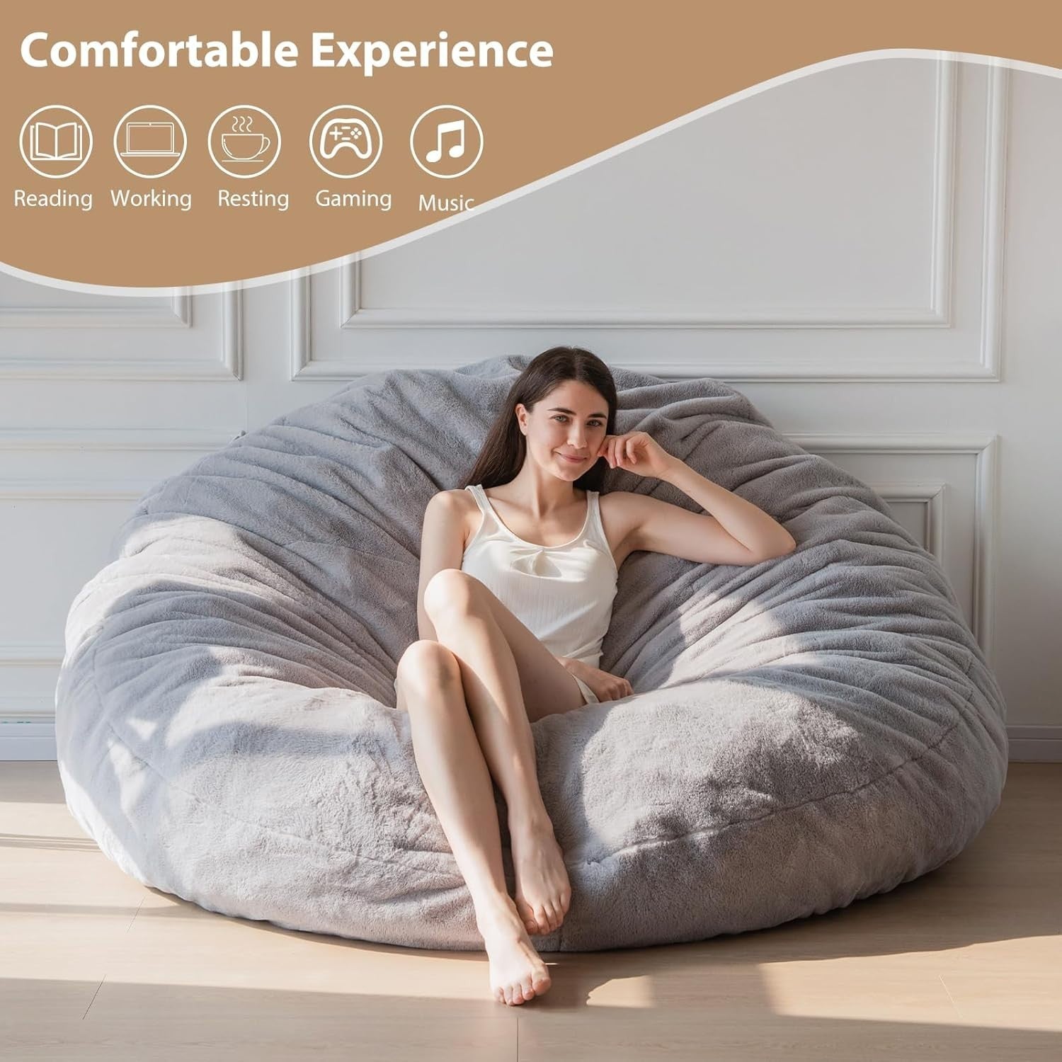 150x150cm Grey Bean Bag Chair Bed | Plush Floor Sofa for Guest, Lounge
