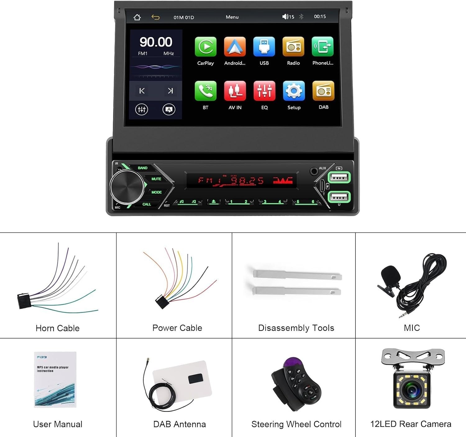 7" Electric Flip-Out Car Stereo Wireless CarPlay Android Auto DAB+