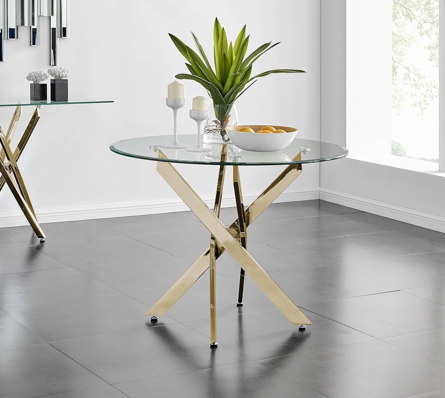 Small Space Round Glass Dining Table 100cm Chrome Cross Leg Base