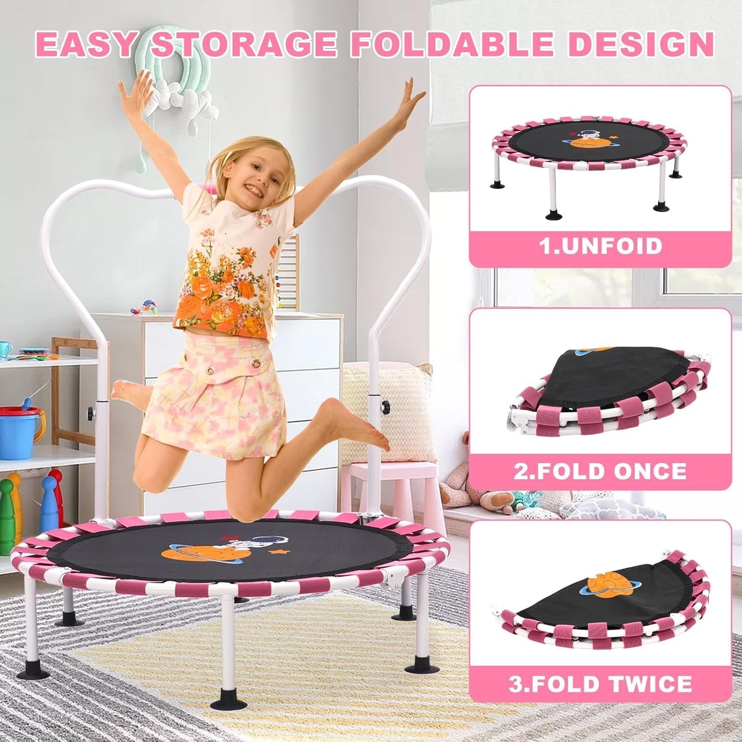 39in Toddler Trampoline Height Adjustable Foldable Kids Indoor Pink