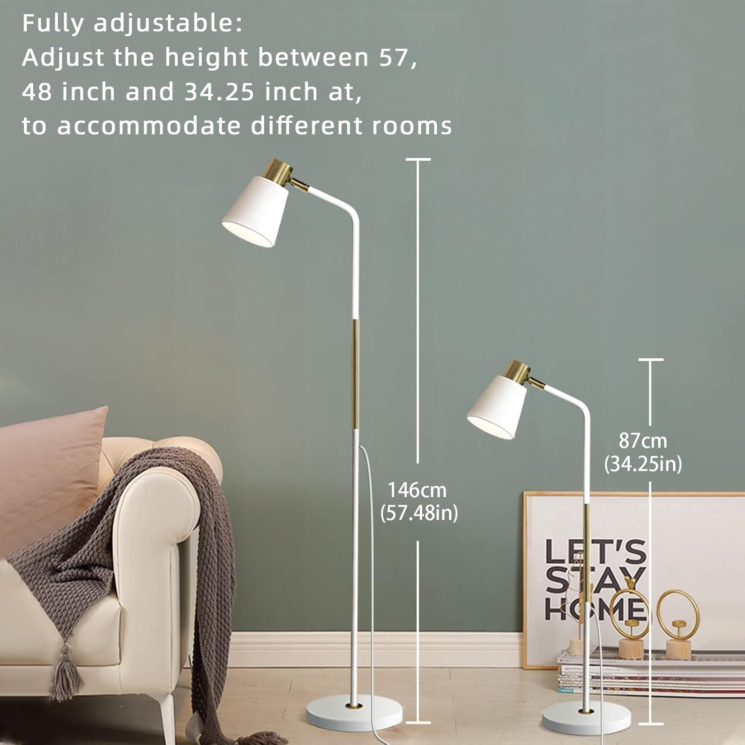 Industrial Floor Lamp Adjustable Metal Head Standing Reading Light White