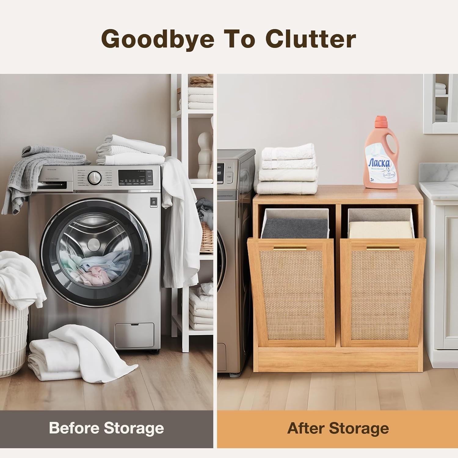 Double Rattan Laundry Cabinet 2 Baskets Wooden Tilt-Out Hamper Bathroom Storage