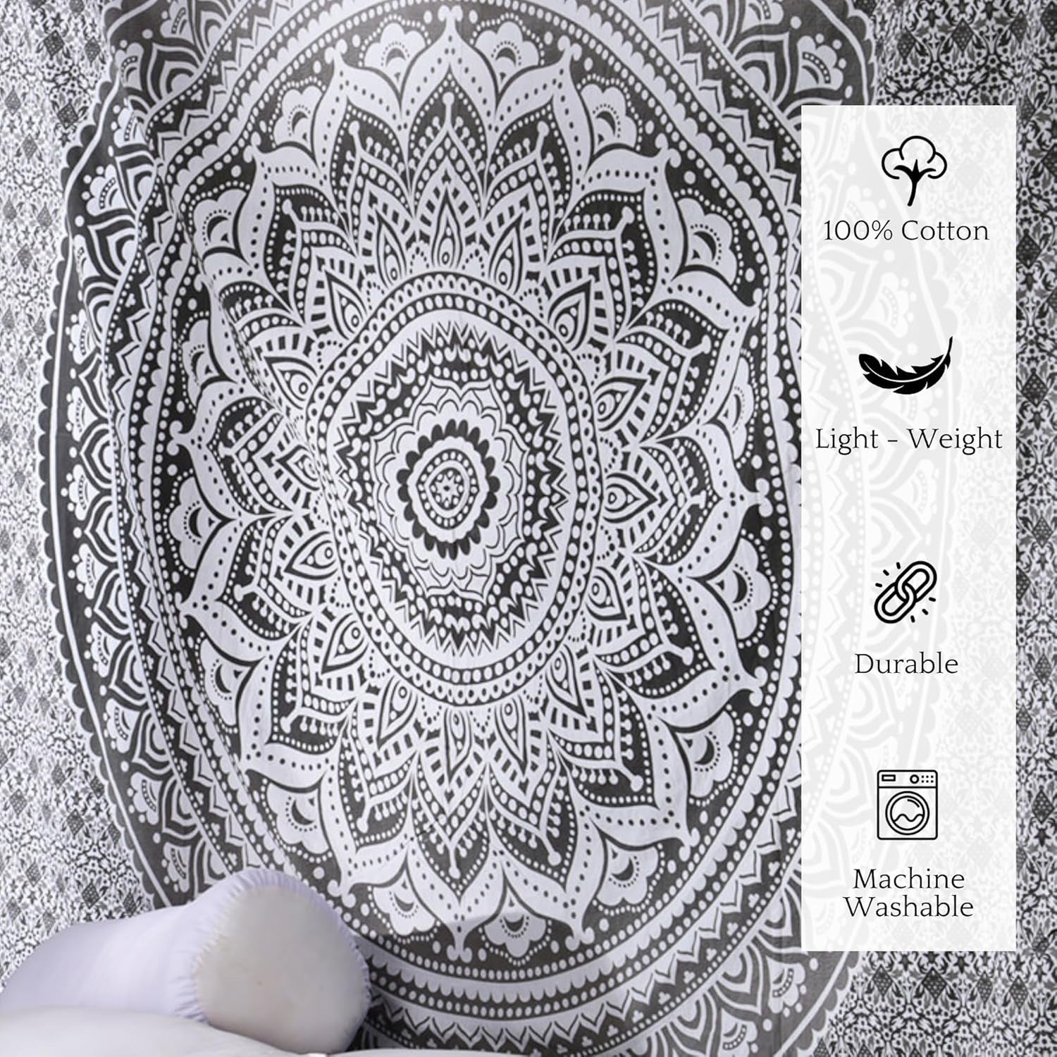 Grey Mandala Cotton Tapestry 137x213cm Boho Wall Hanging