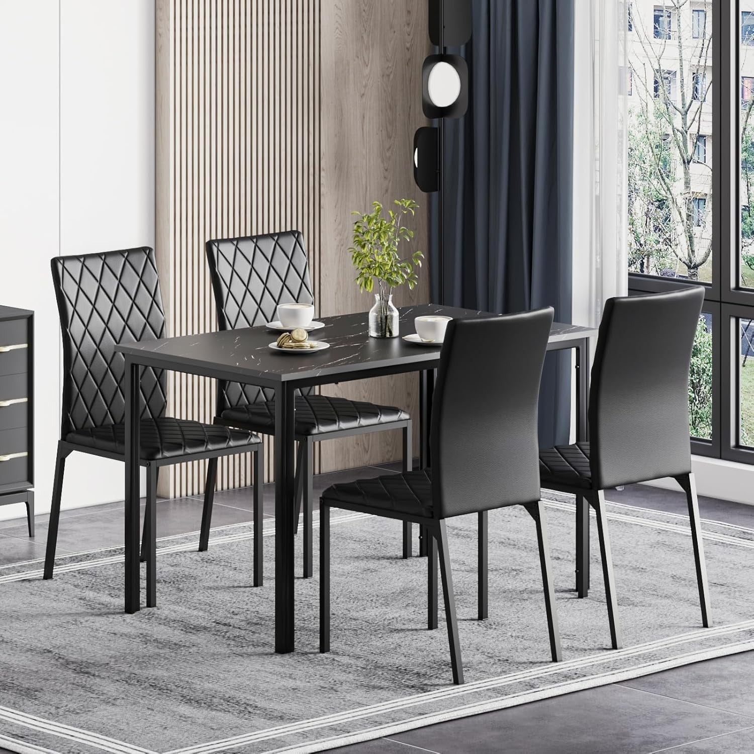 Modern Marble Effect Dining Table Set 4 PU Leather Chairs Kitchen Room