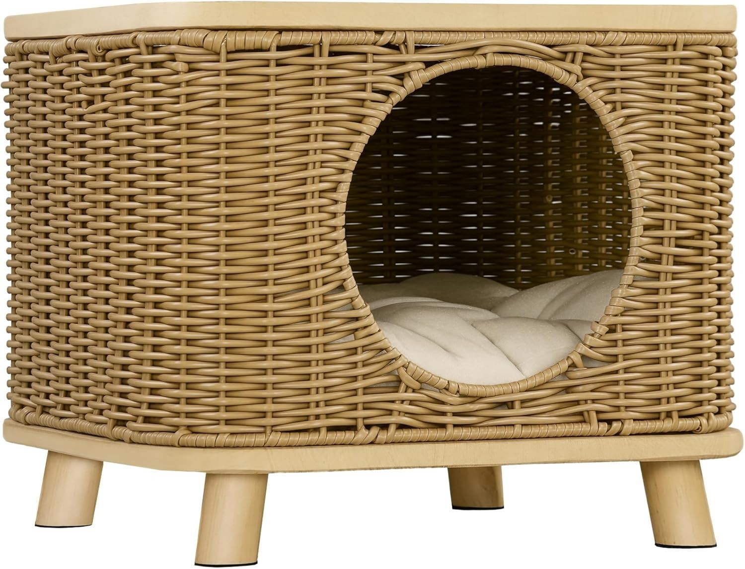 Elevated Wicker Cat House Washable Cushion Indoor Cat Cave Bed
