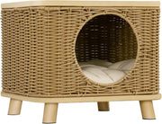 Elevated Wicker Cat House Washable Cushion Indoor Cat Cave Bed