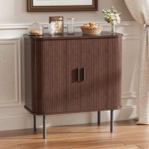 Walnut Sideboard Buffet Cabinet with Sliding Tambour Doors & Storage Shelf