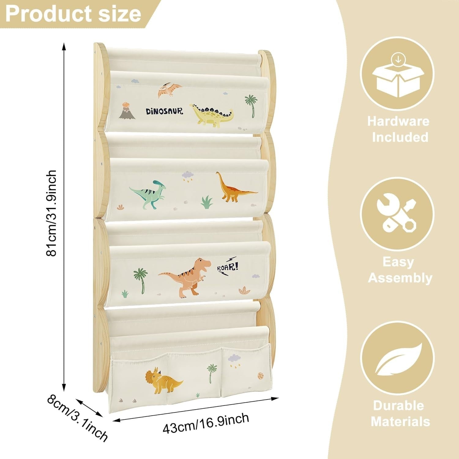 4-Tier Wall Mounted Kids Bookshelf with 3 Pockets & Fabric Sling, Dinosaur