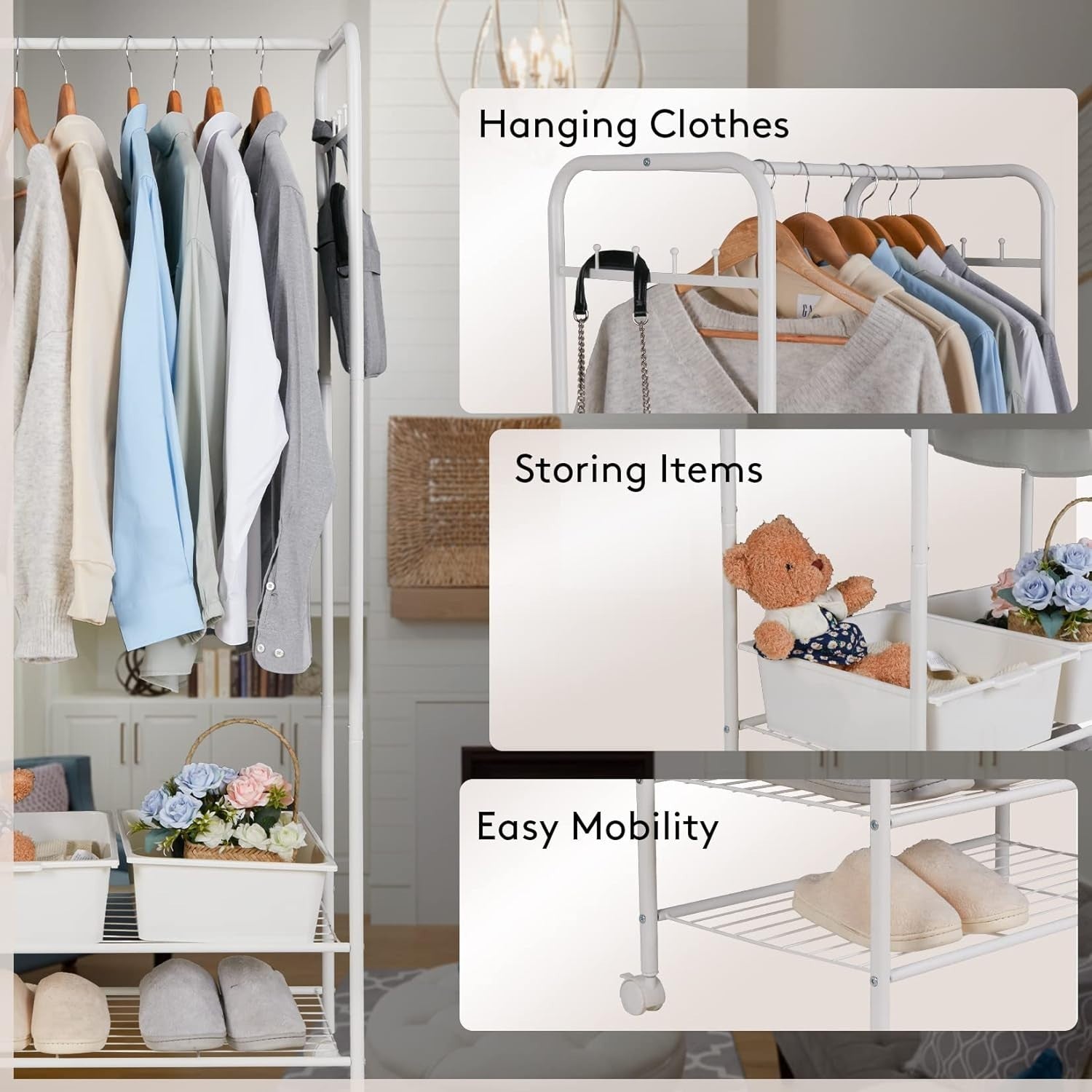 White Metal Clothes Rack with Shelves & Wheels 70x36x152cm