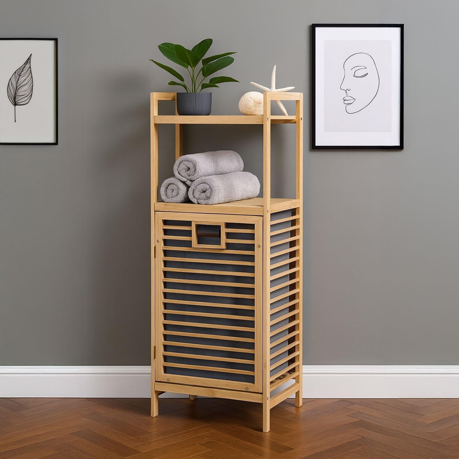 Bamboo Laundry Hamper Tilt Out Basket with Shelves Bathroom Storage Unit Descri