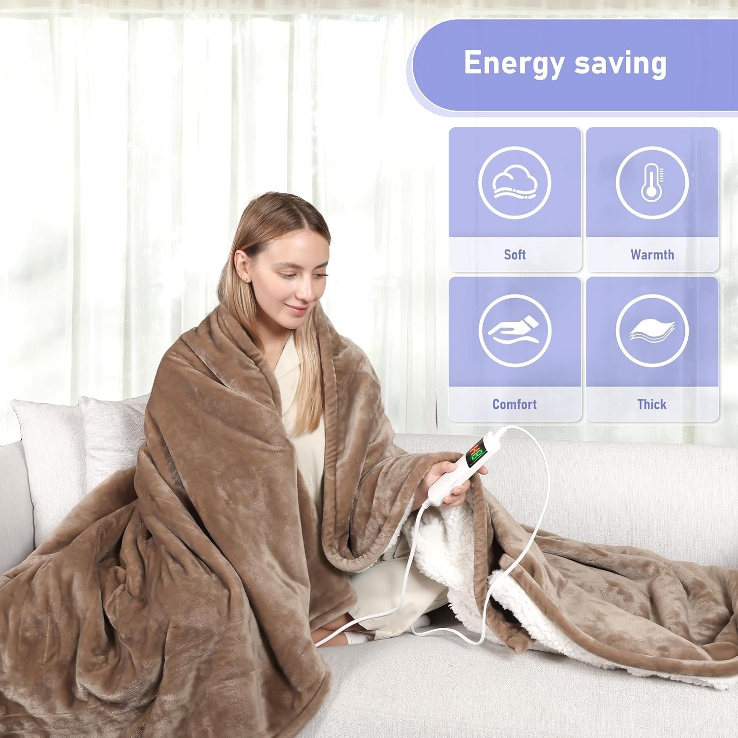 Electric Heated Throw Blanket Camel 180x200cm Sherpa Fleece Auto Off