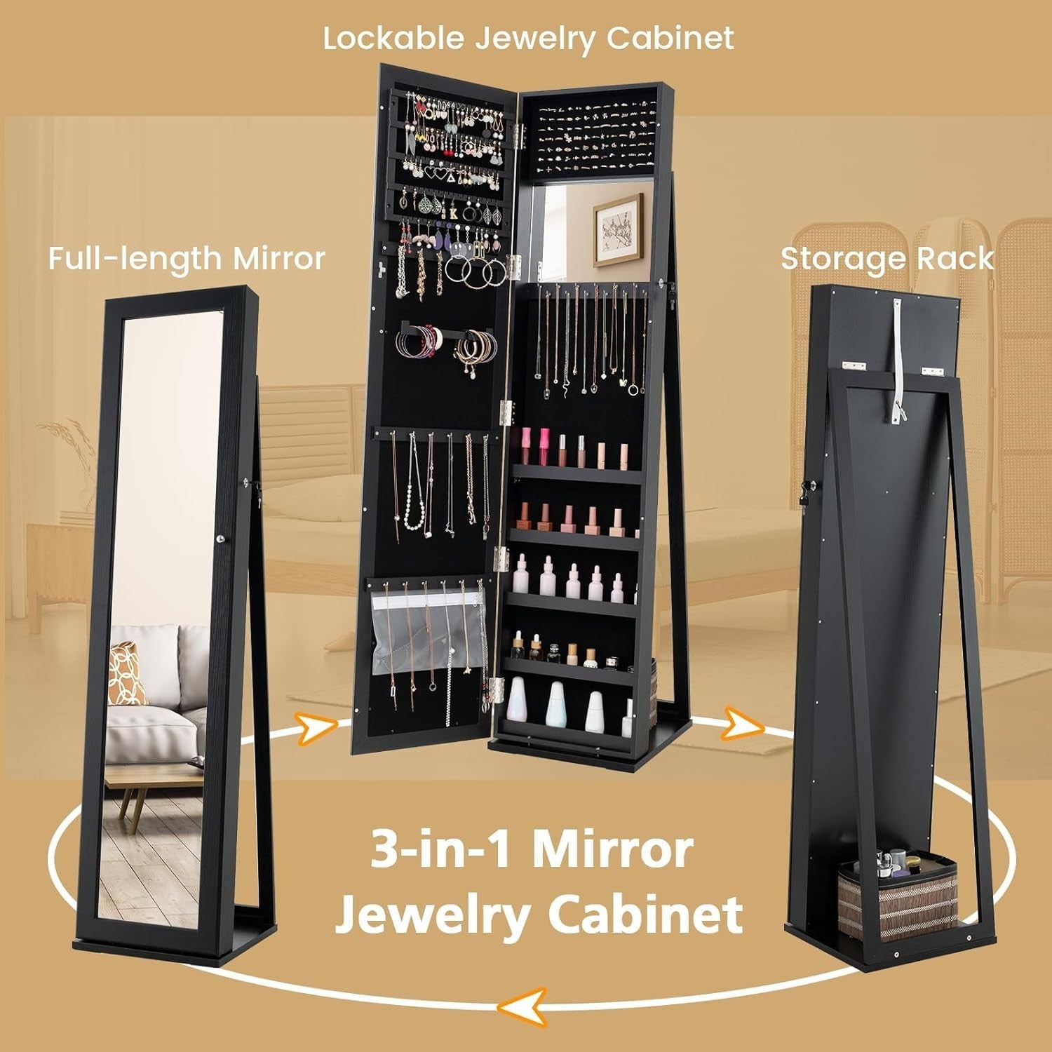 Rotating Jewelry Armoire Lockable Full Length Mirror Storage Cabinet